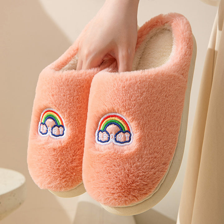 Kawaii Rainbow Embroidered Slippers Warm Slip On Plush Shoes Couple Indoor Home Slippers Winter-Womens Footwear-Zishirts