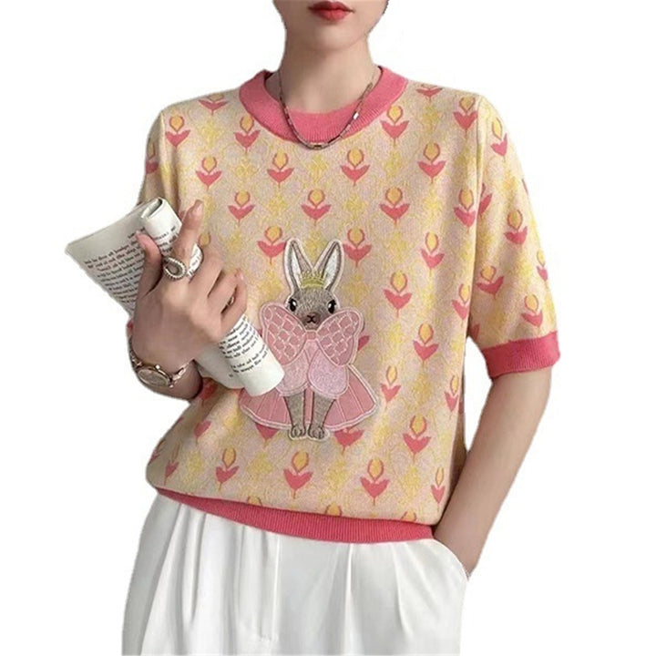 Ice Silk Embroidered Women's Cartoon Rabbit Age-reducing Soft And Adorable Short Sleeve-Sweaters-Zishirts