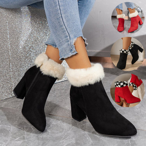 New Plaid Print Plush Ankle Boots Winter Fashoin Square Heel Suede Boots Women Casual Versatile Shoes Autumn And Winter-4-Zishirts