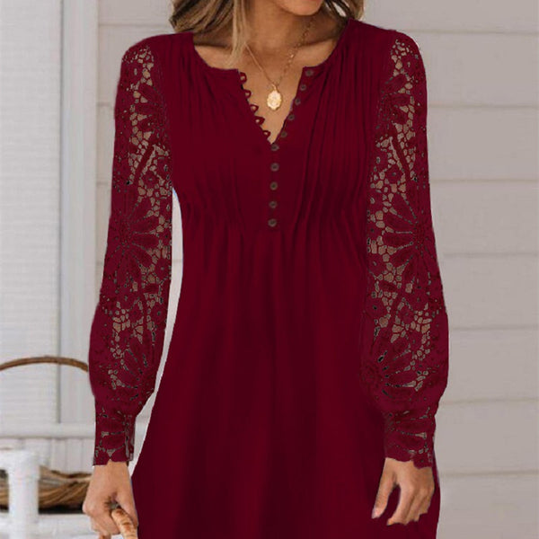 Women's Fashionable Elegant Lace Long Sleeve Dress-Womens 2024 March-Zishirts