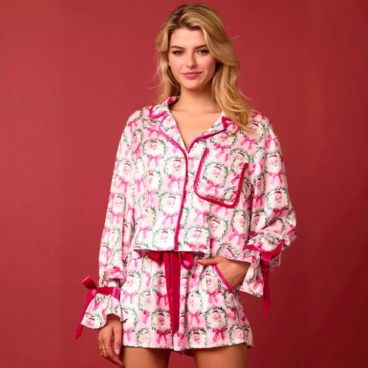 2 Pcs Women's Christmas Pajama Set Santa Tree Print Lapel Neck Button-up Long Sleeve Tops Shorts Loungewear Outfit-Suits & Sets-Zishirts