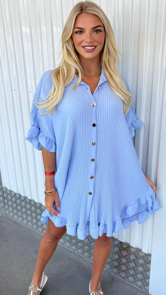 Summer Solid Color Shirt Dress Ruffle Sleeve Irregular Shirt Dress-0-Zishirts