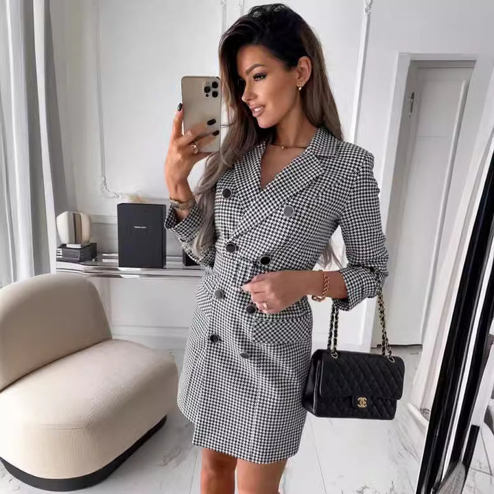 Fashion Printing Plaid Blazer Dress Women-Lady Dresses-Zishirts