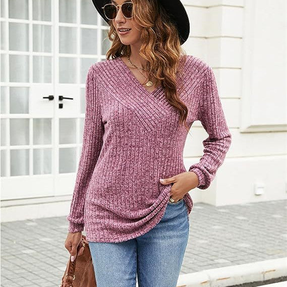 Women's Plus Size Long Sleeve V-neck Casual Top-Sweaters-Zishirts