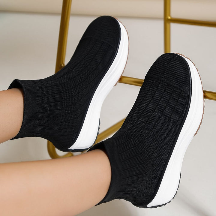 Women's Thick-soled Boots Knitted Round Toe Socks Shoes Casual Breathable Solid Color Flying Knit Ankle Boots-Womens Footwear-Zishirts