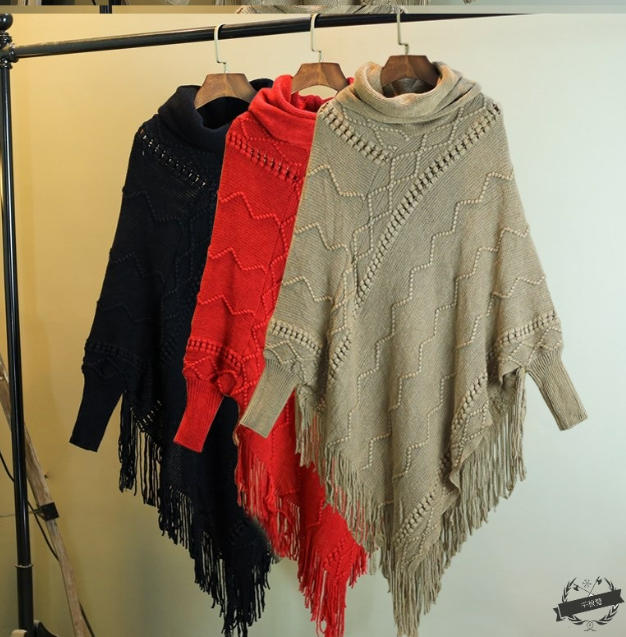 Autumn And Winter New Tassel Knitwear Shawl High Collar Warm Batwing Sleeve Pullover-Scarves & Wraps-Zishirts