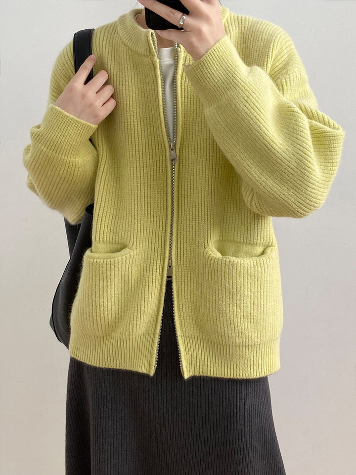 Autumn Solid Color Double Zipper Knitted Cardigan Women's Sweater-Sweaters-Zishirts