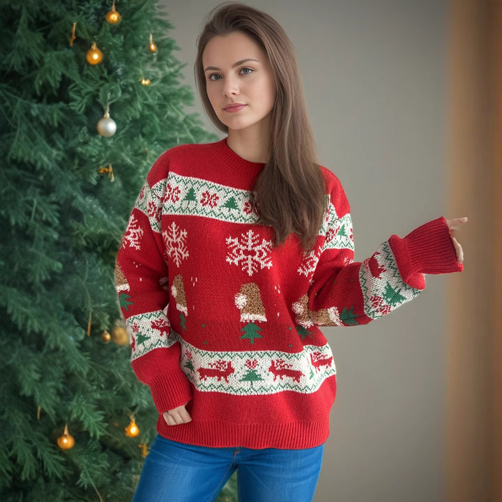 Christmas Stitching Jacquard Casual Knitted Round Neck Sweater-Sweaters-Zishirts