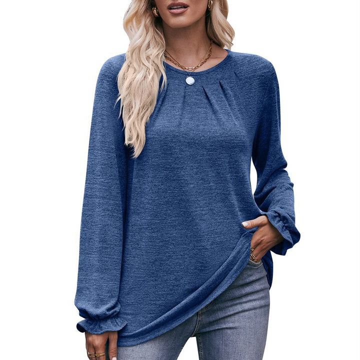 Autumn Women's Casual Round Neck Pleated Brushed T-shirt Long Sleeve Top-Blouses & Shirts-Zishirts