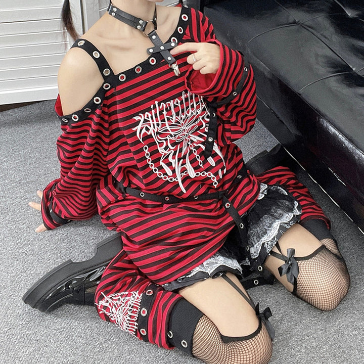 Spicy Girl Punk Loose Off Shoulder Embroidery Black And Red Stripes Long Sleeves-Women's Outerwear 2023-Zishirts