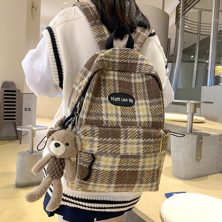 Retro Easy Matching Woolen Checked Backpack-Women's Bags-Zishirts