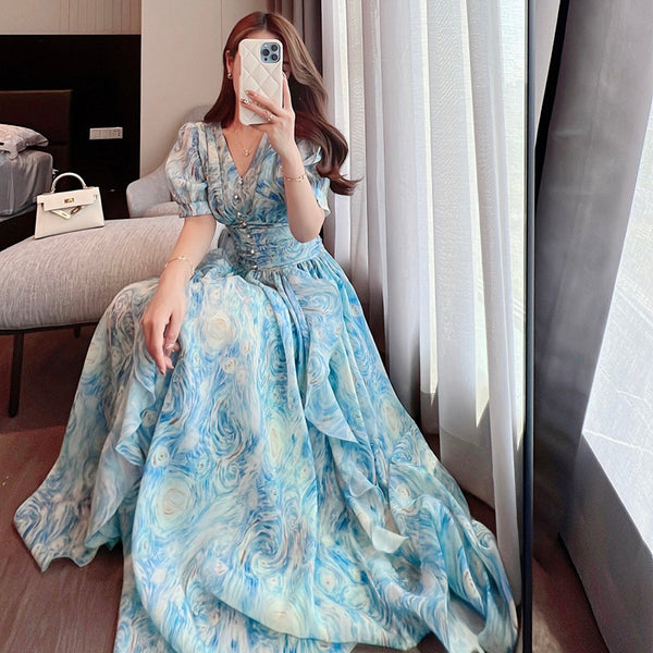 Women's Waist Slimming Blue Oil Painting Dress-Lady Dresses-Zishirts