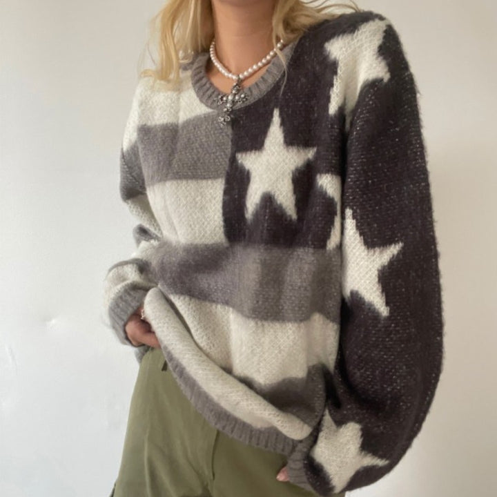 American Vintage Street Fashion Star Stripe Spliced Round Neck Loose Sweater-Sweaters-Zishirts