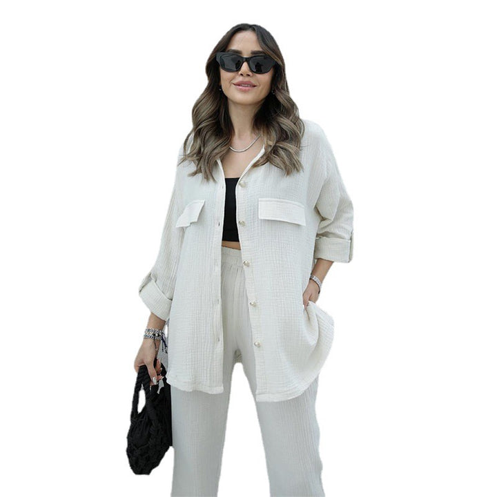 Women's Fashion Casual Solid Color Loose Long Sleeves Shirt And Trousers Suit-Suits & Sets-Zishirts