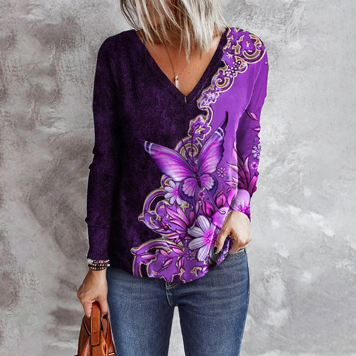 Women's Flower Butterfly Printed V-neck Long Sleeve Loose T-shirt-Blouses & Shirts-Zishirts