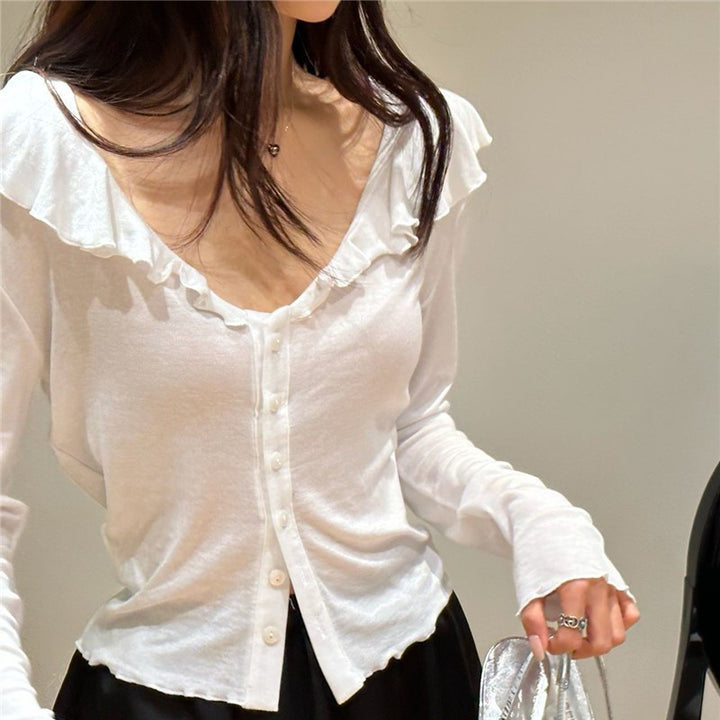 Spring New Korean Style Loose Tencel Ruffled Top Bottoming Shirt Long Sleeve-Blouses & Shirts-Zishirts