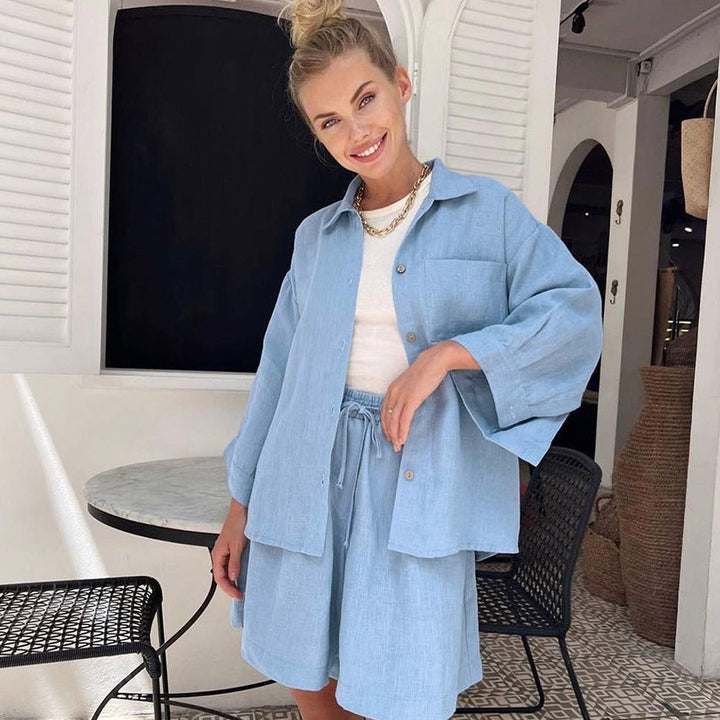 Women's Fashion Casual Loose-fitting Solid Color Long Sleeves Shorts Suit-Suits & Sets-Zishirts