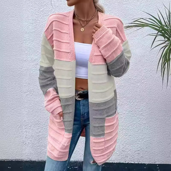 Amazon AliExpress Sweater Women's 2024 Fashion Jacket With Big Pockets Autumn And Winter Long Striped Color Matching Cardigan-Jackets-Zishirts