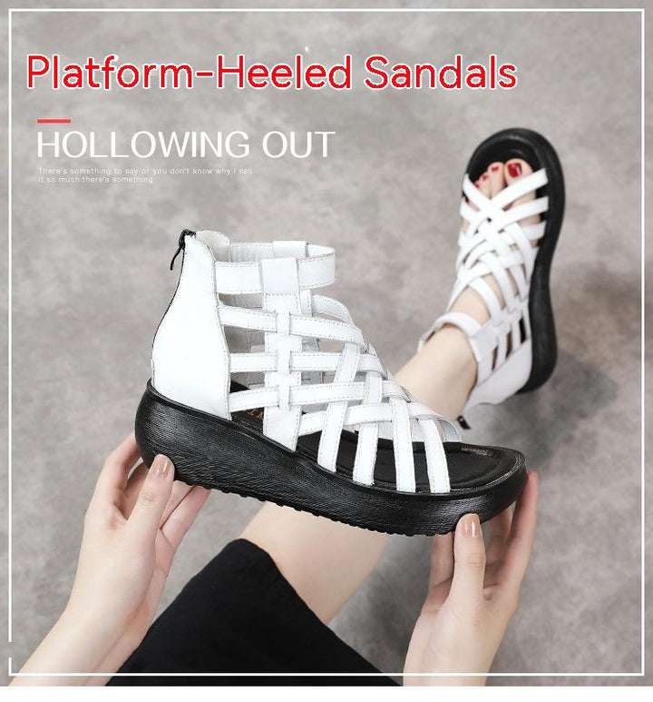New Ethnic Style Retro Wedge Sandals Women's Casual Bag Heel Sandal Boots Cowhide Fish Mouth Sandals-Womens Footwear-Zishirts