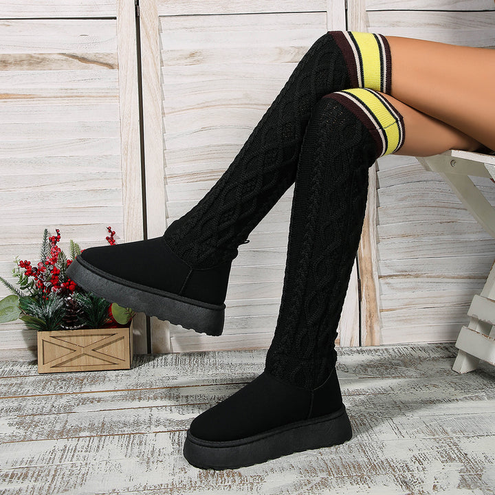 Winter Over-the-knee Boots With Long Knitted Sock Design Fashion Flat Thick-soled Shoes For Women Casual Warm Long Boot-4-Zishirts