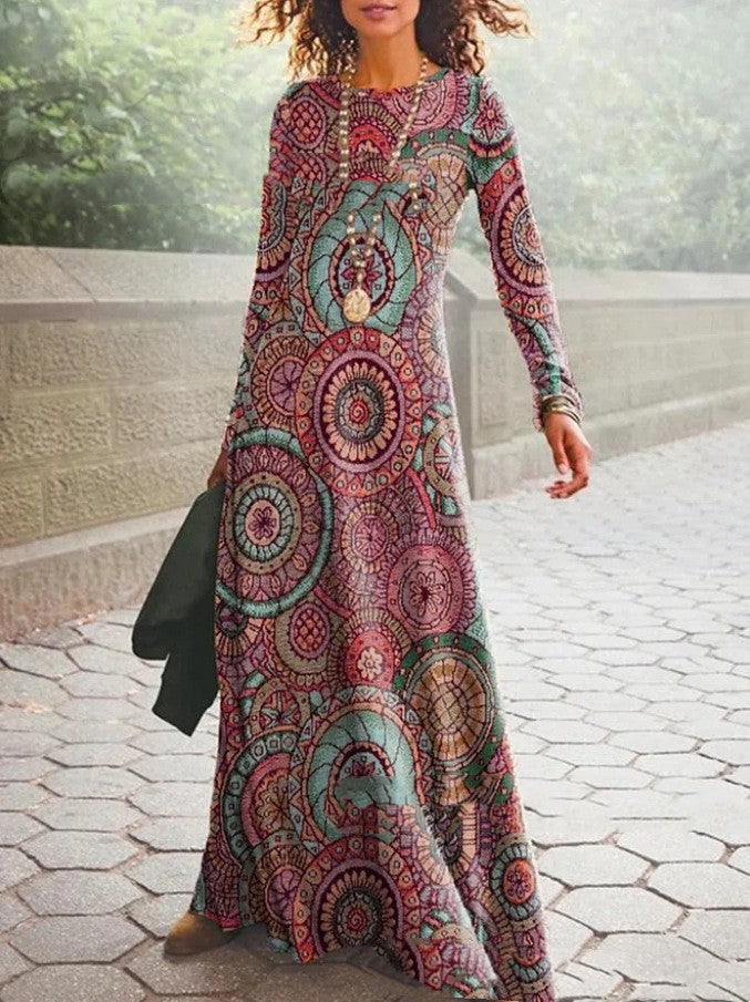 Women's Cotton Printed Round Neck Wide Hem Long Sleeve Dress-Lady Dresses-Zishirts