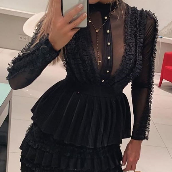 Women's Black Mesh Lace Dress-Lady Dresses-Zishirts