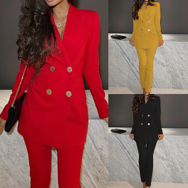 Women's Long Sleeve Suit Straight-leg Pants Two-piece Suit-Suits & Sets-Zishirts