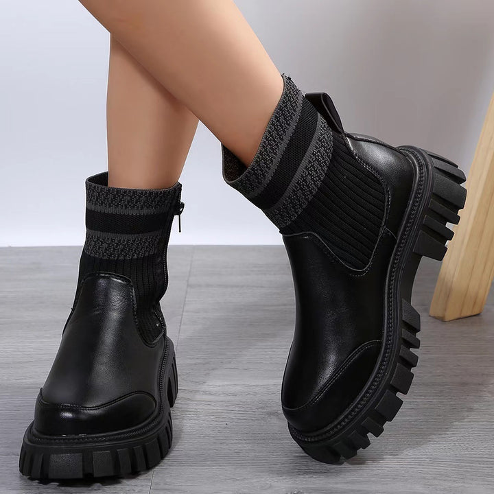 Fashion Mid-tube Boots With Zipper Design Non-slip Thick Sole Elastic Knitted Patchwork Boots For Women Round Toe Shoes Winter-Womens Footwear-Zishirts