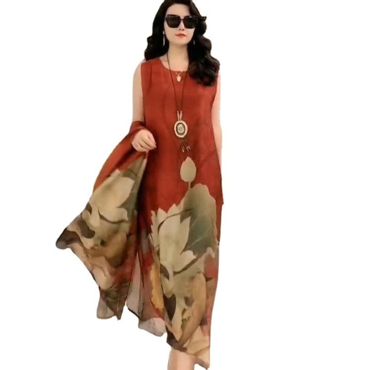 Cross-border New Arrival Artificial Silk Blended Dress Two-piece Loose Suit Printed Skirt-Womens 2024 March-Zishirts