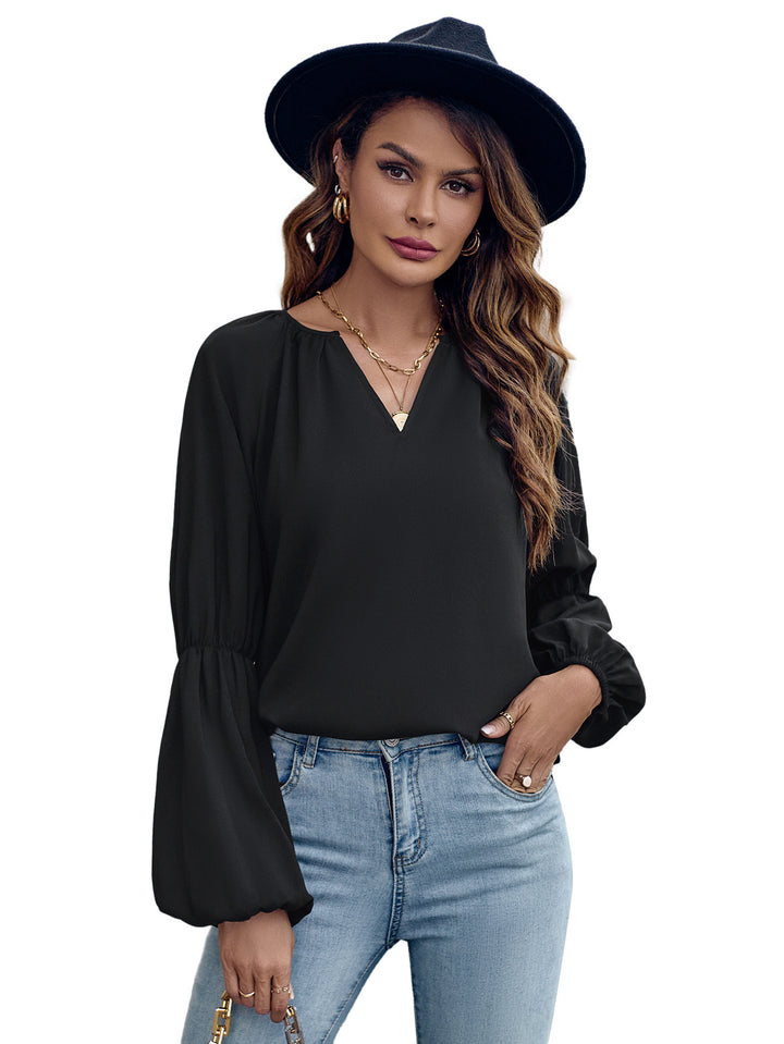 Solid Color And V-neck Loose Casual Women's Top-Blouses & Shirts-Zishirts