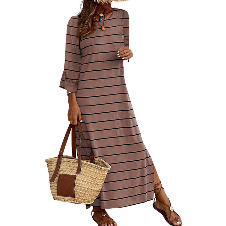 Long Sleeve Striped Printed All-matching Casual Style Pullover Dress-Lady Dresses-Zishirts