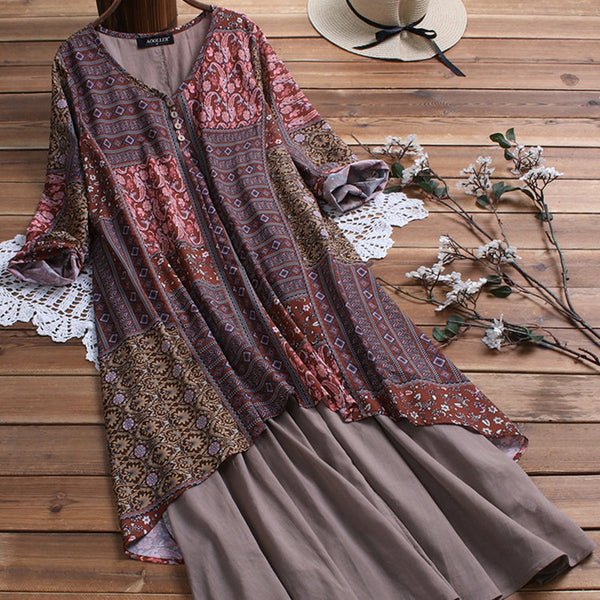 Summer Cotton And Linen Ethnic Print Skirt-Lady Dresses-Zishirts