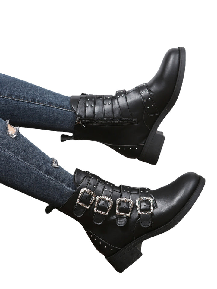 Women's Fashion Belt Buckle Flat Heel Mid-calf Chunky Heel Round Head Dr Martens Boots-Womens Footwear-Zishirts