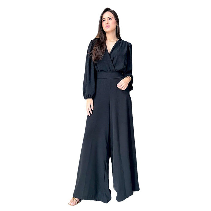 Women's Fashion V-neck Long Sleeve High Waist Loose Wide Legs Jumpsuit-Suits & Sets-Zishirts