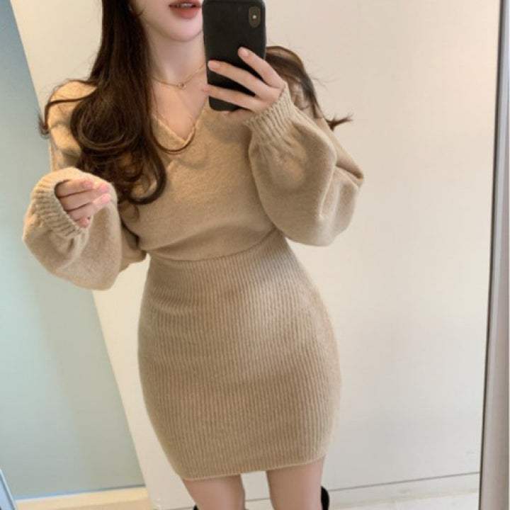 Cross V-neck Hip Women's Knitted Dress Sweater-Lady Dresses-Zishirts