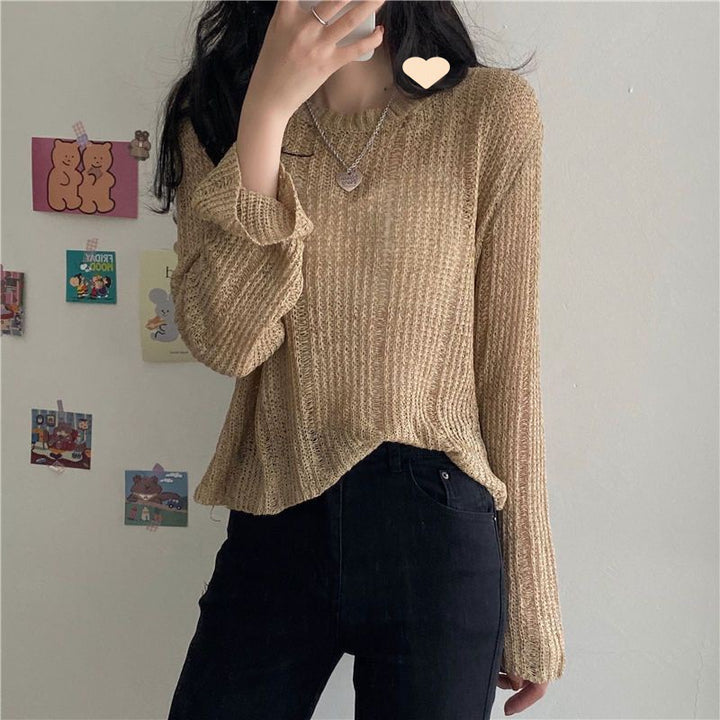 Women's Knitwear Autumn Ice Silk Hollow-out Knitted Blouse Outer Wear Thin Pullover Long Sleeve Sweater Fashion-Sweaters-Zishirts