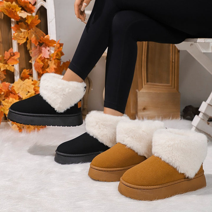 Winter Plush Snow Boots Fashion Round Toe Flat Thickened Suede Cotton Shoes For Women Casual Warm Short Boot-Womens Footwear-Zishirts