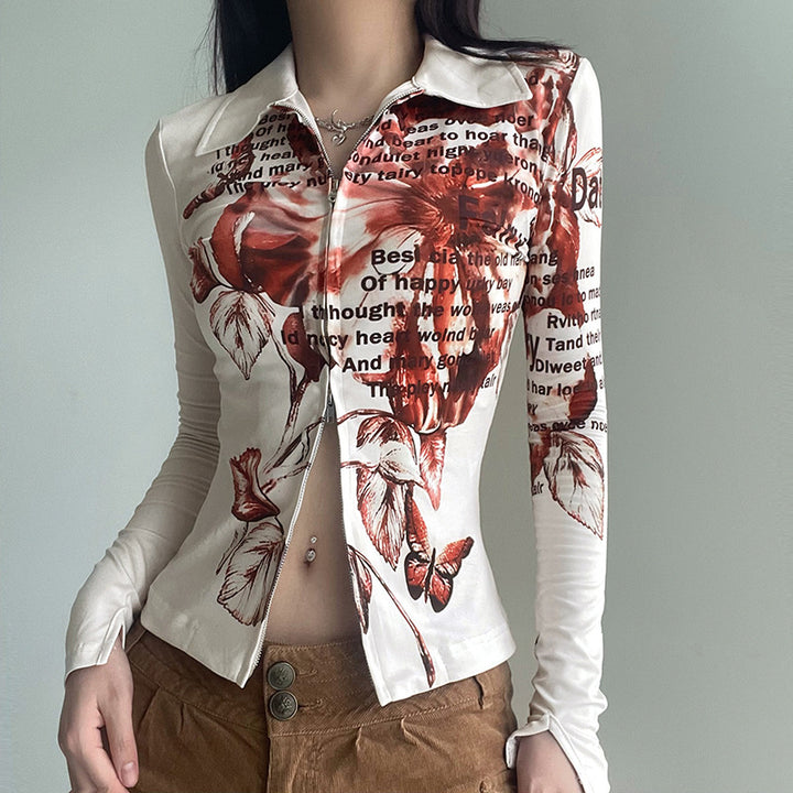 Tie-dye Three-dimensional Printing Double Zipper Exposed Navel Polo Collar Top-Blouses & Shirts-Zishirts