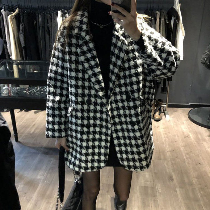 Houndstooth Design Woolen Coat Women's Loose Casual-Jackets-Zishirts