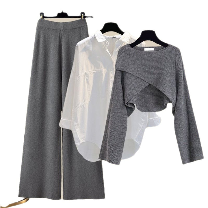 Knitted Sweater Shirt Wide Leg Pants Three-piece Set Suit-Women's Outerwear 2023-Zishirts