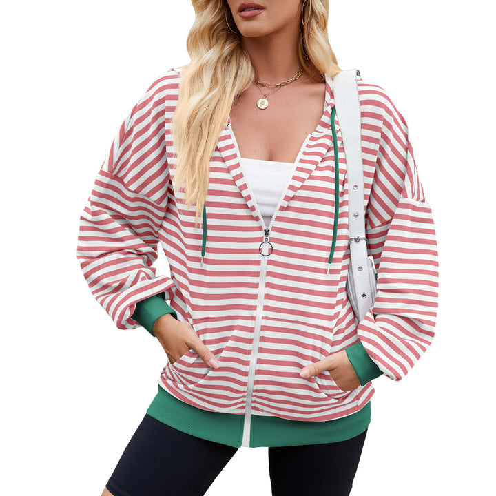 Striped Zipper Hooded Sweatshirt Fashion Loose Pockets Long-sleeved Jacket For Women Tops-Jackets-Zishirts