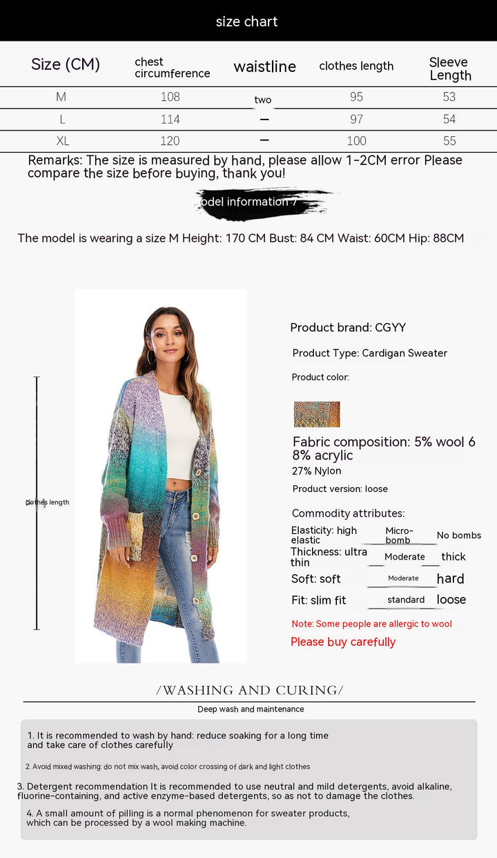 Knitted Sweater Loose Rainbow Long Coat Wool Cardigan-Sweaters-Zishirts