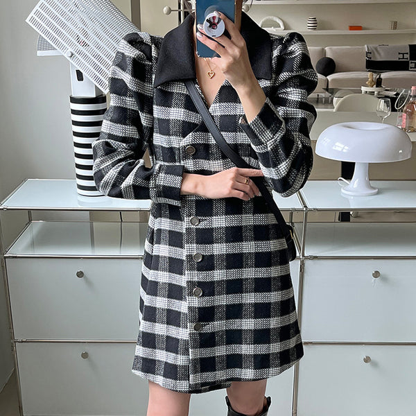 Vintage Color Contrast Check Pattern Waist Closing Bubble Sleeve Dress For Women-Jackets-Zishirts