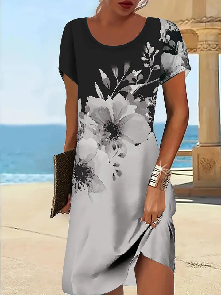 Elegance Retro Printing Digital 3D Printing Round Neck Short Sleeve A- Line Dress-Lady Dresses-Zishirts