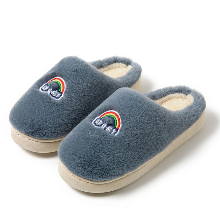 Kawaii Rainbow Embroidered Slippers Warm Slip On Plush Shoes Couple Indoor Home Slippers Winter-Womens Footwear-Zishirts