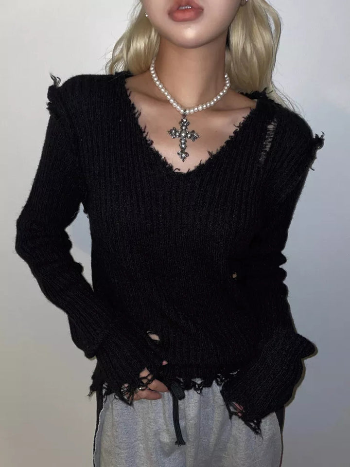 New Elegant V-neck Hand Frayed Long-sleeved Bottoming Sweater-Sweaters-Zishirts