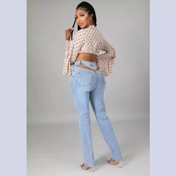 Back Waist Hollow Stretch Jeans-Woman Jeans-Zishirts