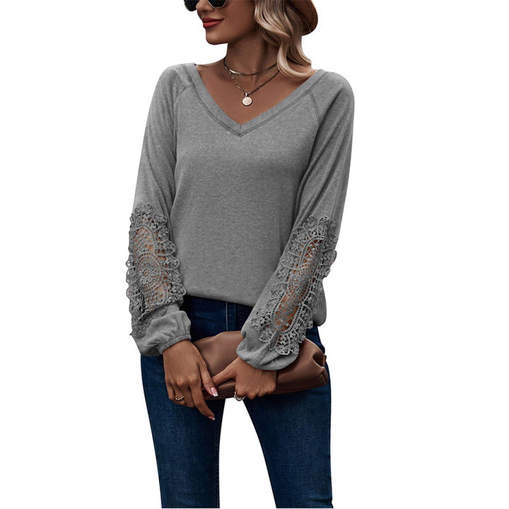 Loose Casual V-neck Lace Lace Long-sleeved-Blouses & Shirts-Zishirts