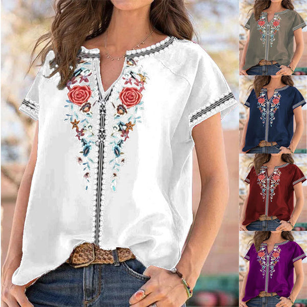 Summer New Ethnic Print Short Sleeve T-shirt Top Women-Blouses & Shirts-Zishirts