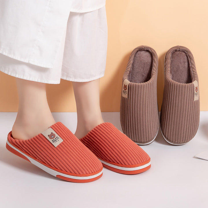 Solid Color Striped Slippers For Women Thick-soled Anti-slip Indoor Warm Plush Home Shoes Couple Women Men Slipper Winter-Womens Footwear-Zishirts